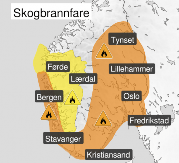 skogbrannfare, oransje nivå 15 juni 2023. Foto: Meteorologisk Institutt