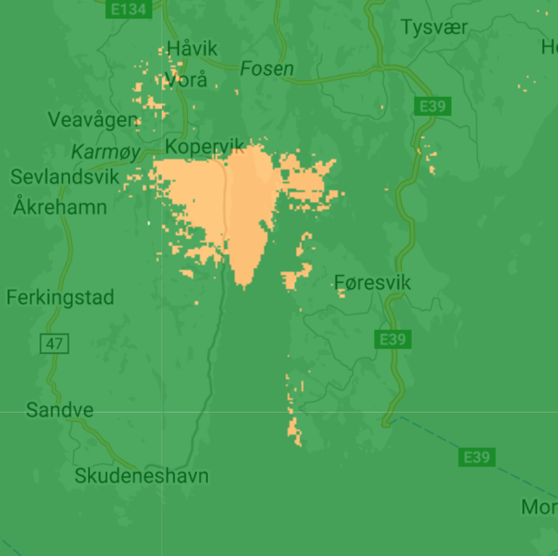 Kabelbrudd for Telia på Kopervik. Skjermdump fra Telias nettsider.