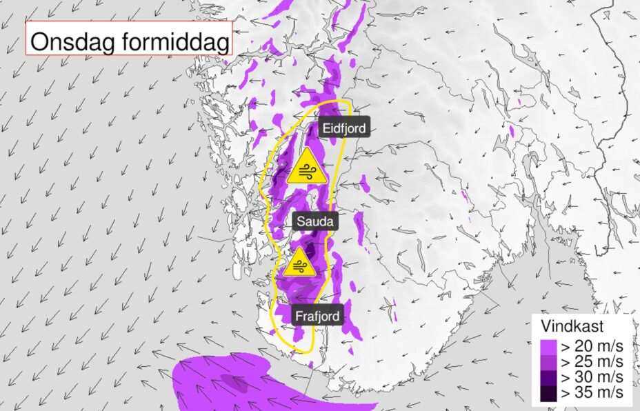 Gult farevarsel, onsdag 10 juli 2024. Foto: Meteorologene