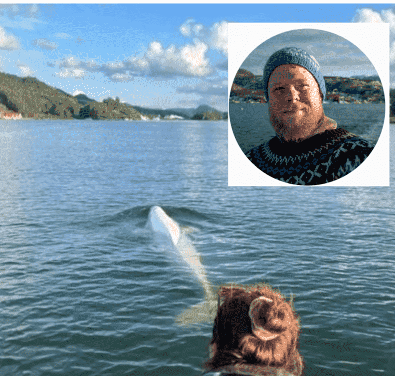 Sebastian Strand Marine Mind med Hvadimir. Hvalen ble funnet død i august 2024. Foto: Sebastian Strand.