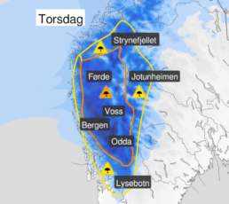 oransje farevarsel torsdag 31.oktober 2024. Foto: Meteorologene på X.