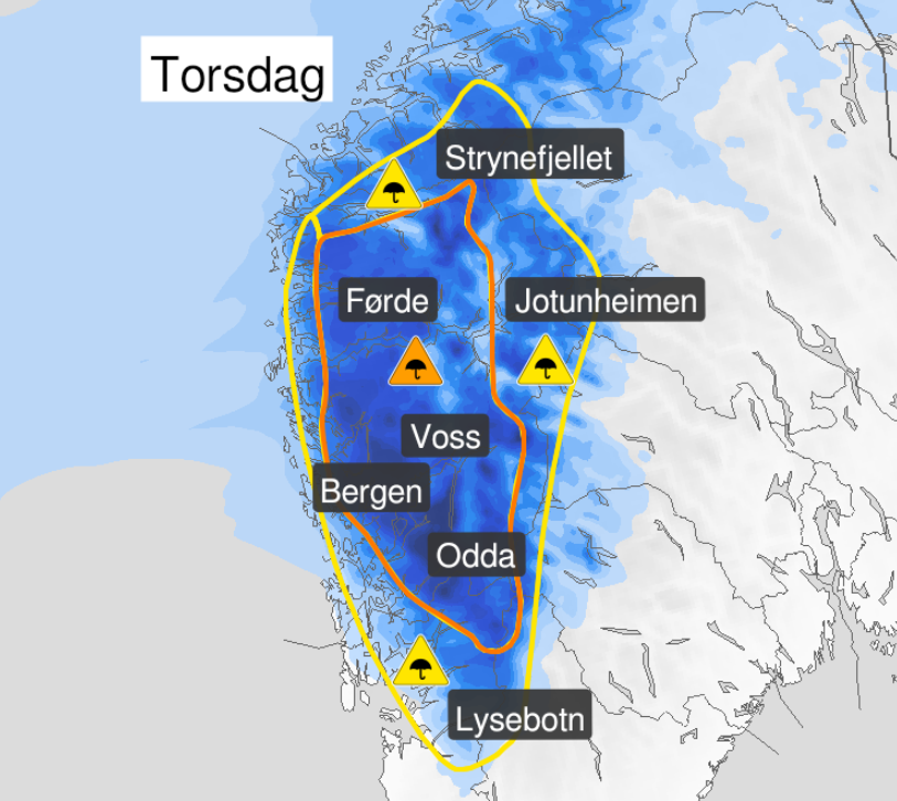 oransje farevarsel torsdag 31.oktober 2024. Foto: Meteorologene på X.