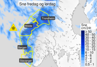 gult farevarsel snø fredag 21 november 2024. Foto: Yr.no