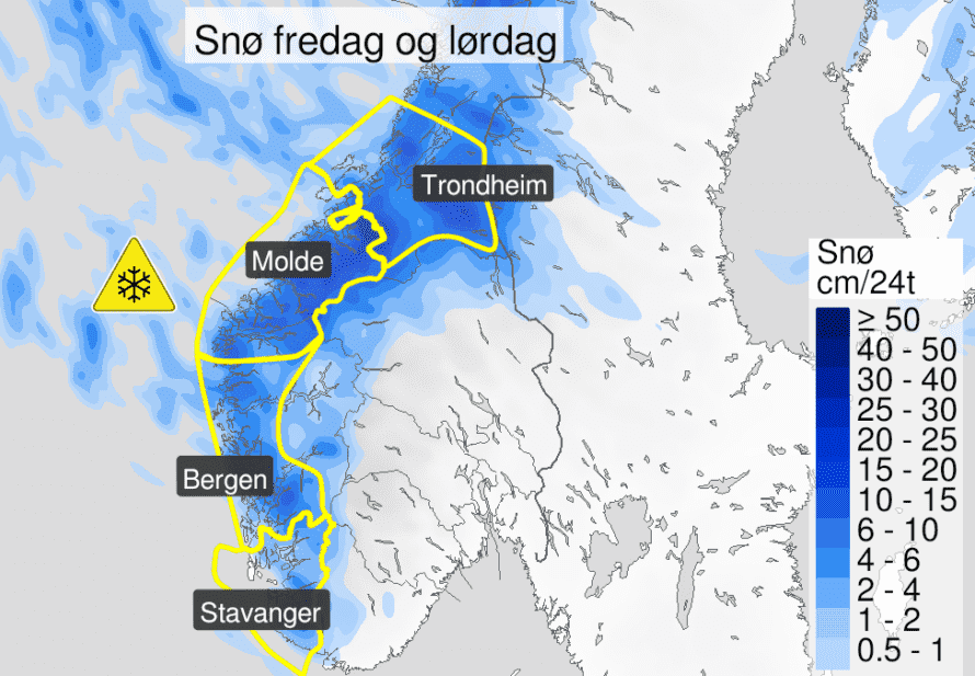 gult farevarsel snø fredag 21 november 2024. Foto: Yr.no