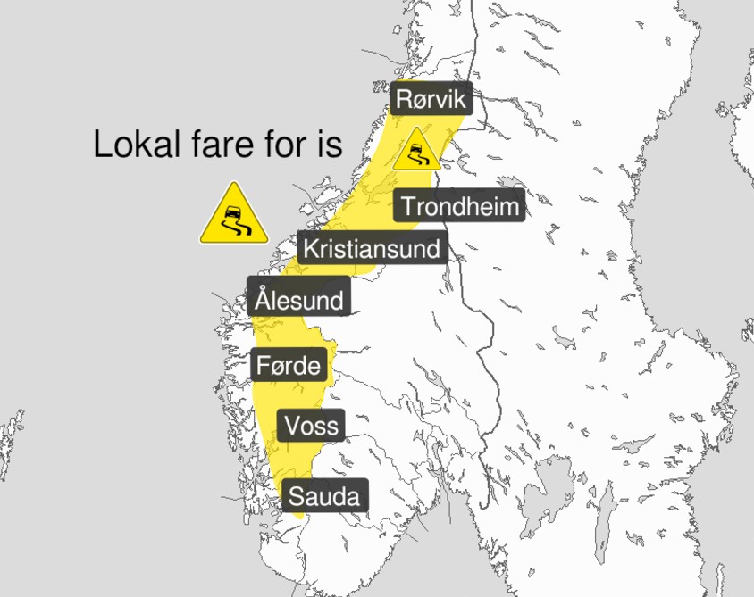 Meteorologene har sendt ut gult farevarsel for indre strøk av Vestland. Kart: Meteorologene på yr.