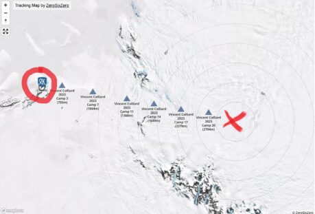 AK til Sydpolen 21.desember2024. Skjermdump fra AKs nettside, som sporer hele turen mot polpunktet 90 grader syd. 