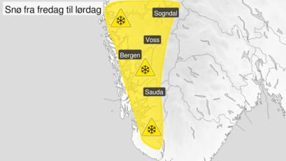 Meteorologisk Institutt har sendt ut gult farevarsel for store deler av Vestland grunnet fare for snø natt til fredag. Foto: Meteorologisk Institutt/Varsom.no