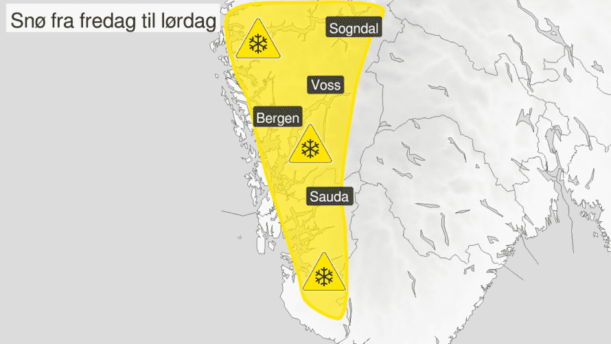 Meteorologisk Institutt har sendt ut gult farevarsel for store deler av Vestland grunnet fare for snø natt til fredag. Foto: Meteorologisk Institutt/Varsom.no