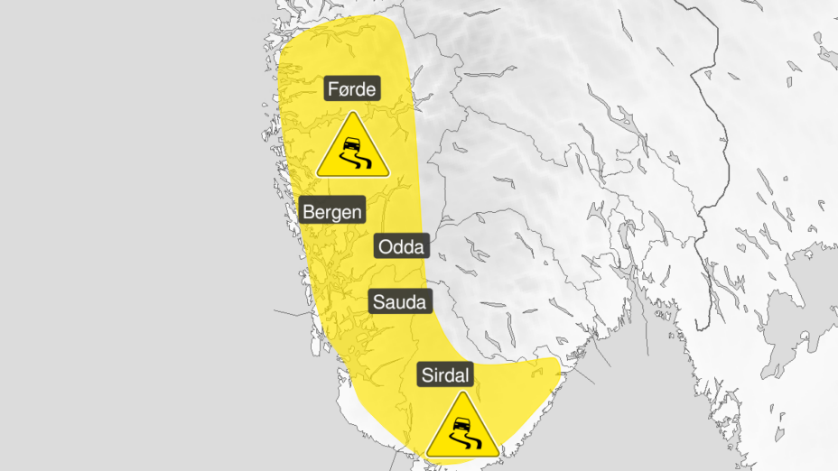 Meteorologisk institutt har sendt ut gult farevarsel for is for deler av Rogaland og Vestland. Foto: Meteorologisk institutt