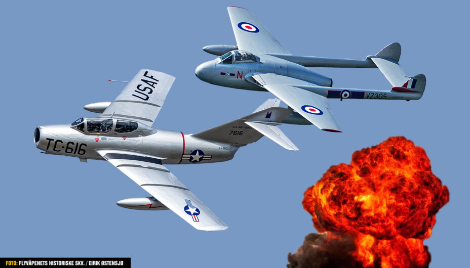 Veteranjagerflyene MiG-15 og Vampire avslutte flyprogrammet til Stord Airshow. Foto: Flyvåpenets historie skvadron/ Eirik Østensjø