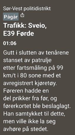 Politilogg 28.juni 2025. Skjermdump fra den offentlige politiloggen.