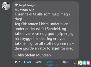 En mann fikk onsdag kveld armen i klem under dekkskift i Sandeid, Vindafjord, da en jekkarm sviktet. På Aktuelt Haugalandet uttrykker Alin Ștefan Muntean nå sin dype takknemlighet til de som raskt kom til unnsetning. Skjermdump fra Aktuelt Haugalandet.