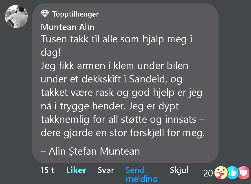 En mann fikk onsdag kveld armen i klem under dekkskift i Sandeid, Vindafjord, da en jekkarm sviktet. På Aktuelt Haugalandet uttrykker Alin Ștefan Muntean nå sin dype takknemlighet til de som raskt kom til unnsetning. Skjermdump fra Aktuelt Haugalandet.