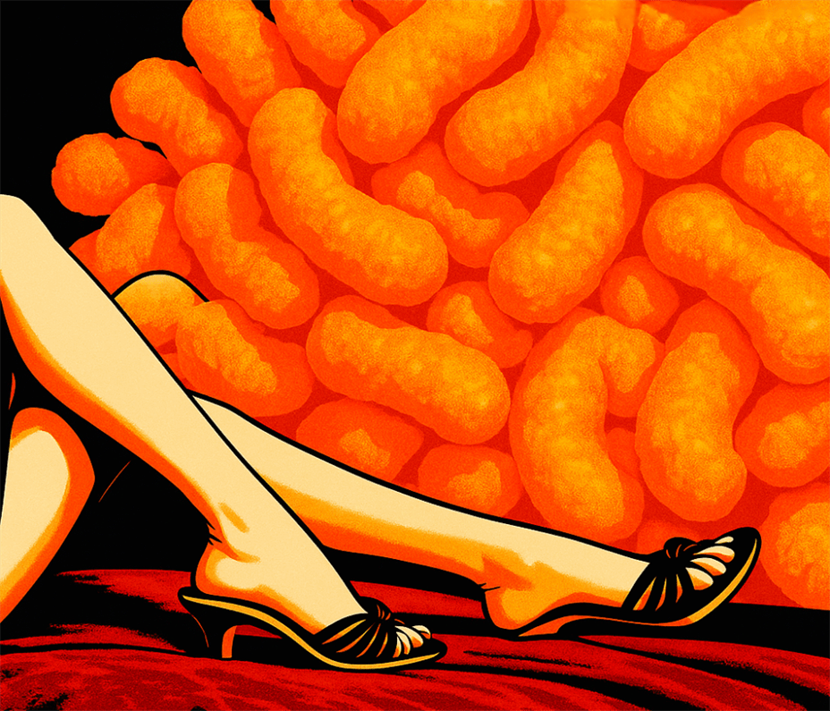 Forskning: Usunn mat kan redusere hjernens følsomhet for belønning, inkludert evnen til å nyte sex. Maten som ble brukt i studien, var godteri, ostepop, baconsvor, dansk salami, kanelgifflar og falukorv. Bildet er generert med AI.