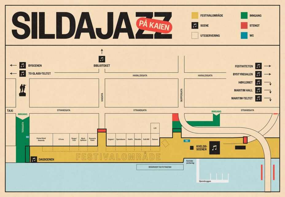 Av sikkerhetsmessige årsaker gjør Sildajazz i dag endringer iforbindelse med inngang sør, ved Lothe.: Illustrasjon: Sildajazz på Facebook.
