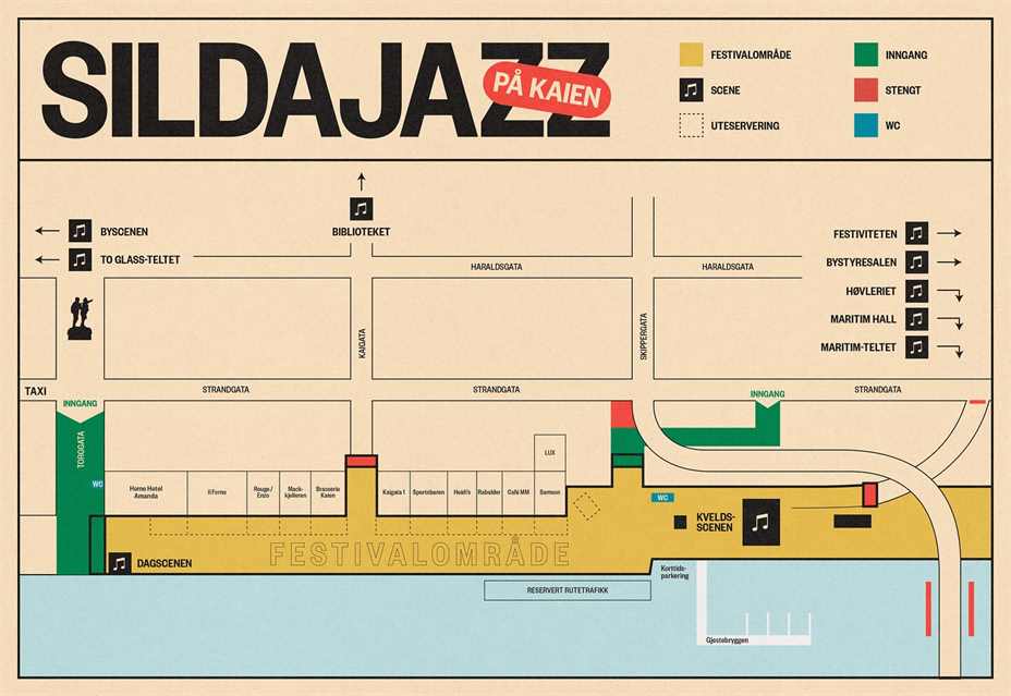 Av sikkerhetsmessige årsaker gjør Sildajazz i dag endringer iforbindelse med inngang sør, ved Lothe.: Illustrasjon: Sildajazz på Facebook.