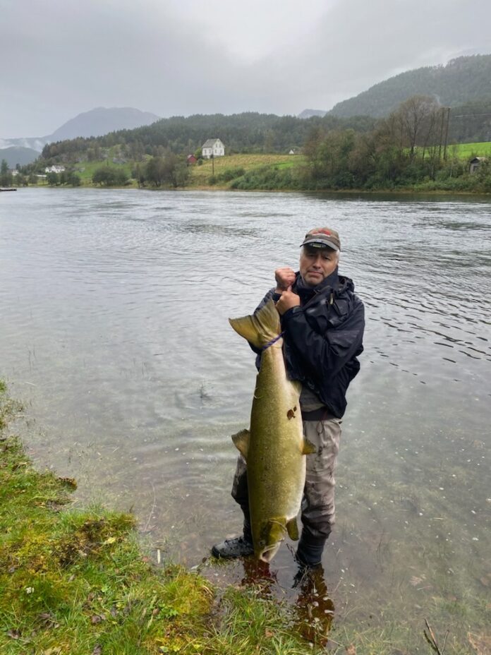 En imponerende laks på hele 130 centimeter og 21,9 kilo ble lørdag tatt i Bruhølen i Suldalslågen. Foto: LTL Suldalslågen/Facebook.
